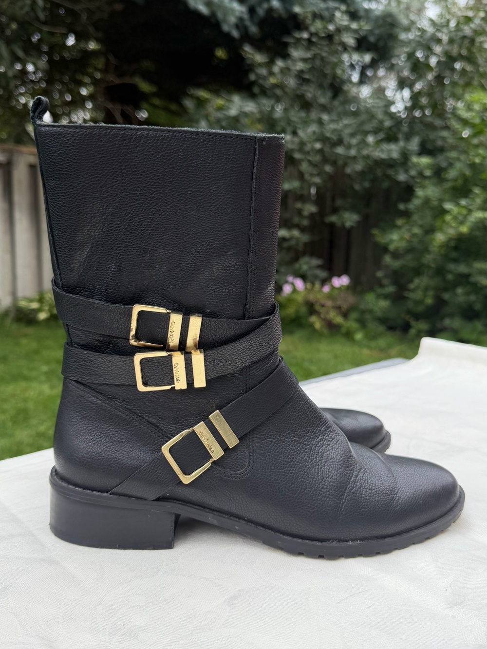 Calvin Klein Rochelle Black Leather Moto Ankle Boots Gold Buckles 7.5